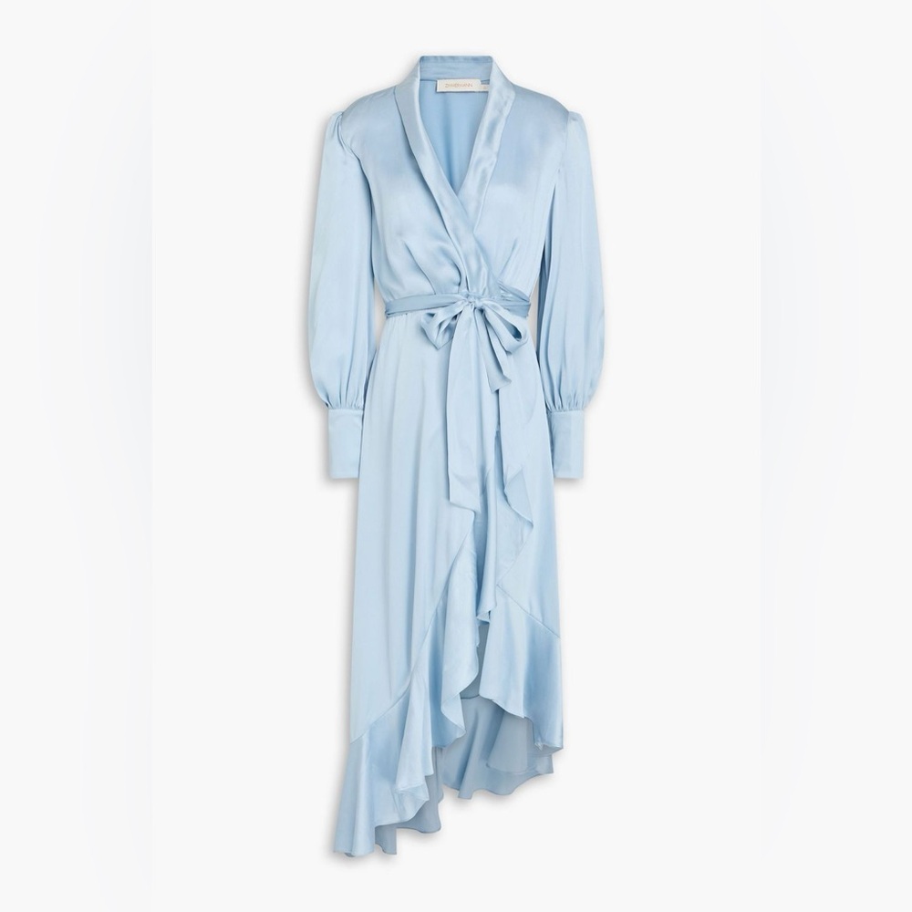 Zimmermann Light Blue Long Sleeve Silk Ruffle Midi Wrap Dress